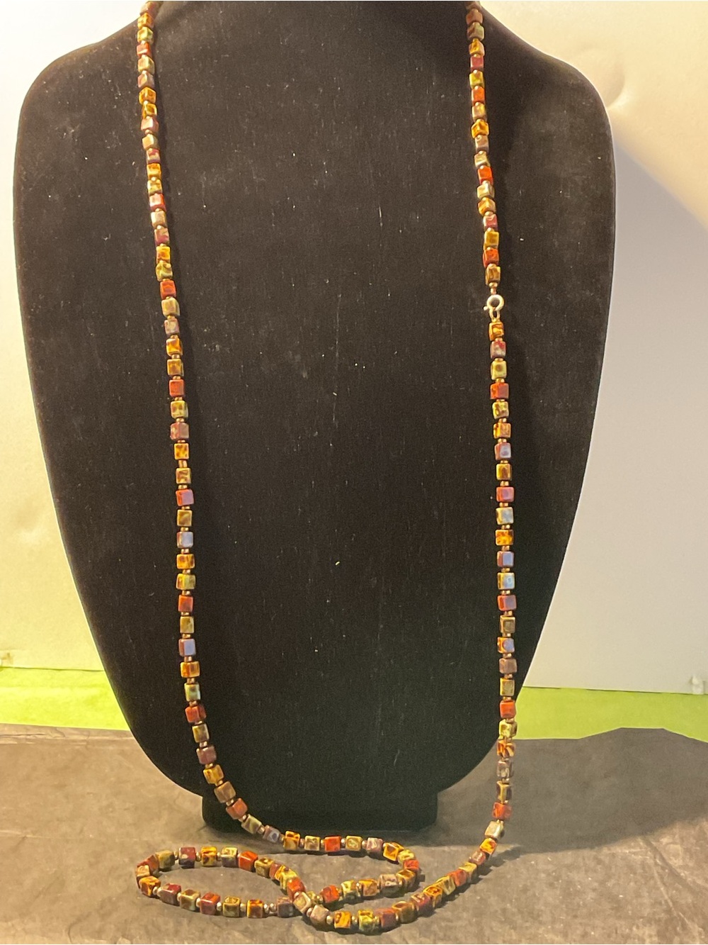 Long Multicolor Cube Bead Necklace in Warm Tones - Women Jewelry